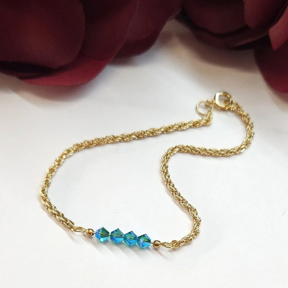 Handmade Teal Blue AB Crystal Bar Bracelet Gold Chain